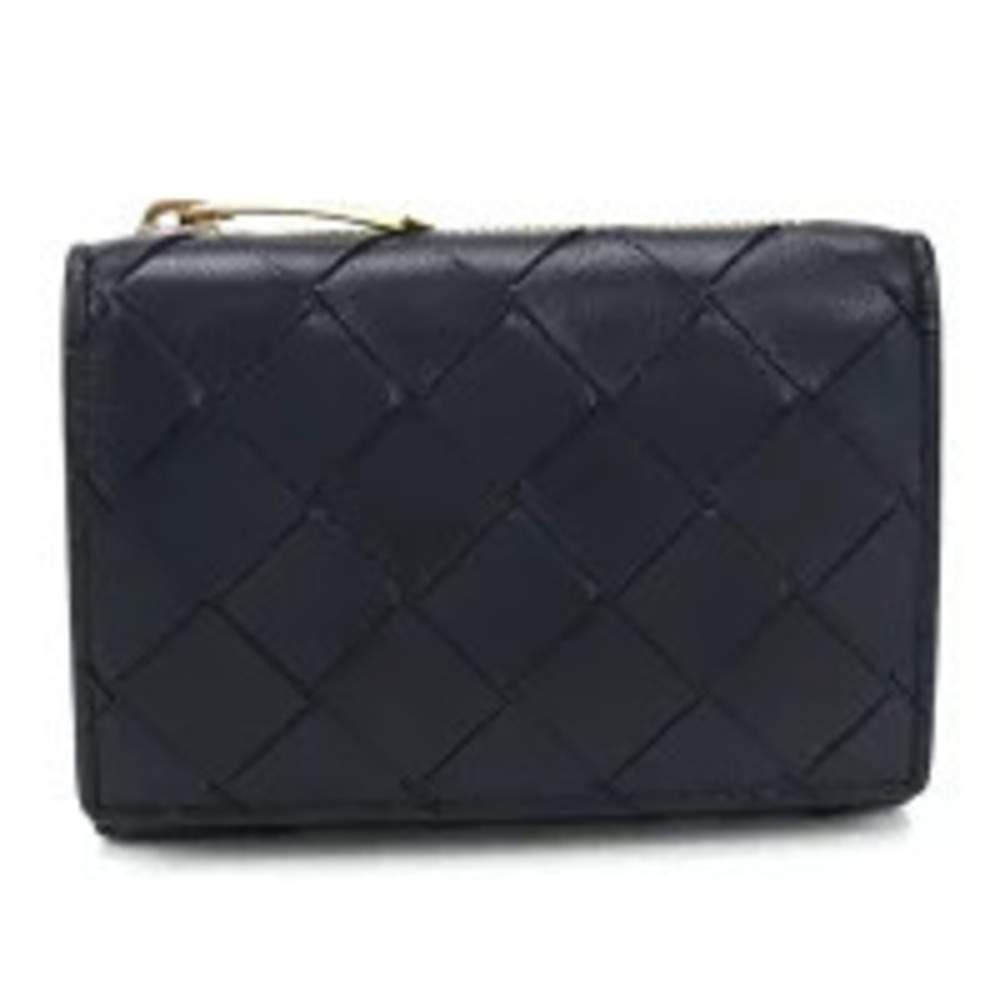 Bottega Veneta Tri fold Wallet Compact Intrecciato Leather Navy Blue